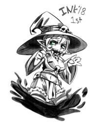 Rule 34 | 1girl, :d, belt, breasts, claw pose, cleavage, commentary, dated, dress, english commentary, female goblin, goblin, goblin (monster girl encyclopedia), green eyes, greyscale, halloween costume, hat, inktober, large breasts, long sleeves, looking at viewer, monochrome, monster girl encyclopedia, open mouth, pointy ears, ramenwarwok, sharp teeth, short hair, simple background, smile, spot color, standing, teeth, white background, wide sleeves, witch hat