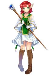 Rule 34 | 1girl, boots, brown footwear, closed mouth, dress, fire emblem, fire emblem: the blazing blade, full body, gloves, green eyes, hair ornament, highres, holding, holding staff, jurge, knee boots, nintendo, priscilla (fire emblem), red hair, see-through, short hair, simple background, smile, solo, staff, standing, white background, white gloves, wing hair ornament