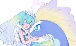 Rule 34 | 1girl, :d, affectionate, aurorus, bare arms, blue eyes, blush, bright pupils, chinese commentary, closed eyes, closed mouth, collar, commentary, creatures (company), dian (nanooo i), dress, eyelashes, game freak, gen 6 pokemon, green hair, hair ornament, hatsune miku, highres, nintendo, open mouth, pokemon, pokemon (creature), project voltage, rock miku (project voltage), smile, teeth, upper teeth only, vocaloid, white background, white pupils
