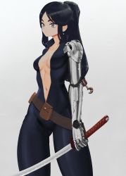 Rule 34 | 1girl, absurdres, belt, black bodysuit, black hair, bodysuit, breasts, breasts apart, brown belt, earrings, gradient background, grey background, grey eyes, highres, holding, holding sword, holding weapon, jewelry, katana, long hair, mechanical arms, medium breasts, navel, original, plunging neckline, scar, scar on face, single mechanical arm, solo, sword, tefduck, weapon