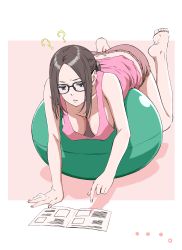 Rule 34 | 1girl, ?, ??, absurdres, all fours, ass, ball, barefoot, black-framed eyewear, black hair, blue eyes, breasts, buchou (kakitama), commentary request, dimples of venus, downblouse, exercise ball, feet up, frown, glasses, hanging breasts, highres, kakitama, large breasts, lying, magazine (object), nail polish, no bra, on stomach, original, pink nails, pink shirt, pink shorts, ponytail, reading, shadow, shirt, short hair, short shorts, shorts, sidelocks, solo, sweatdrop, tank top, the pose