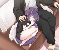 Rule 34 | 1boy, 1girl, animal ears, arknights, bare legs, barefoot, black jacket, black pants, black shirt, black shorts, cat ears, cat tail, closed eyes, commentary, controller, couch, highres, jacket, jessica (arknights), k0ng, lap pillow, lying, on side, open clothes, open jacket, pants, purple hair, remote control, shirt, short sleeves, shorts, slippers, tail, thighs