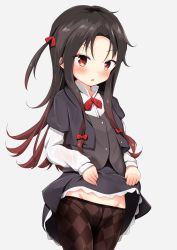 Rule 34 | 10s, 1girl, black hair, black pantyhose, clothes lift, grey background, groin, highres, lifted by self, long hair, looking at viewer, mochiyuki, one side up, pantyhose, parted lips, red eyes, ryuuou no oshigoto!, school uniform, simple background, skirt, skirt lift, solo, very long hair, yashajin ai
