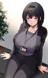 Rule 34 | 1girl, absurdres, arms at sides, belt, belt buckle, black hair, black jacket, black pants, blazer, blue shirt, blush, breasts, brown belt, buckle, hair intakes, highres, huge breasts, id card, indoors, jacket, lanyard, legs together, long sleeves, looking at viewer, masaki nanaya, office lady, open clothes, open jacket, open mouth, original, pants, pink eyes, plant, shirt, shirt tucked in, short hair, sitting, solo