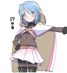 Rule 34 | 1girl, belt, bike shorts, black footwear, black gloves, blue eyes, blue hair, blush, bodystocking, boots, cloak, closed mouth, cosplay, cowboy shot, cropped legs, cross-laced footwear, dot nose, eyes visible through hair, flat chest, frl1015, gloves, hand on own hip, happy, high collar, highres, hood, hood down, hooded cloak, looking at viewer, looking down, magia record: mahou shoujo madoka magica gaiden, mahou shoujo madoka magica, midriff, miki sayaka, navel, outstretched arm, pink skirt, pleated skirt, short hair, simple background, skirt, smile, solo, soul gem, tamaki iroha, tamaki iroha (cosplay), thigh boots, thighhighs, white background, white cloak