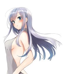 Rule 34 | 1girl, backless dress, backless outfit, blush, breasts, dress, floating hair, from side, green eyes, hair between eyes, halterneck, highres, long hair, looking at viewer, medium breasts, meme attire, naked sweater, parted lips, ribbed sweater, shiorinda, sideboob, silver hair, simple background, solo, sweater, sweater dress, turtleneck, turtleneck sweater, upper body, virgin killer sweater, white background