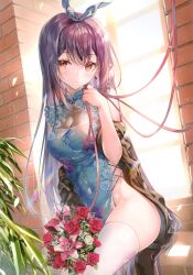 Rule 34 | 1girl, absurdres, bare shoulders, blush, bouquet, breasts, china dress, chinese clothes, covered navel, day, dress, earrings, floral print, flower, frilled dress, frills, hand up, highres, holding, indoors, jewelry, looking at viewer, medium breasts, miwabe sakura, original, plant, purple hair, red eyes, rose, scan, side slit, sleeveless, sleeveless dress, solo, sunlight, thighhighs, thighs, window