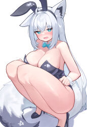 1girl absurdres alternate_costume alternate_hairstyle animal_ear_fluff animal_ear_piercing animal_ears aqua_eyes black_footwear blue_bow blue_bowtie bow bowtie breasts cleavage deaver detached_collar embarrassed fake_animal_ears fox_ears fox_girl fox_tail high_heels highres hololive large_breasts leotard long_hair open_mouth playboy_bunny rabbit_ears shirakami_fubuki simple_background solo squatting sweat tail thick_thighs thighs very_long_hair virtual_youtuber white_background white_hair white_wrist_cuffs wrist_cuffs