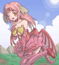 Rule 34 | 1girl, back ribbon, breasts, cleavage, dragon girl, horns, large breasts, long hair, lowres, monster girl, oekaki, one eye closed, open mouth, outdoors, pink hair, pink thighhighs, sky, smile, solo, tail, thighhighs, underboob, wings, wink