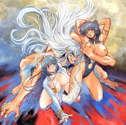 Rule 34 | bastard!!, grabbing another&#039;s breast, breasts, breasts out, dark schneider, grabbing, hagiwara kazushi, hetero, kai harn, multiple girls, muscular, muscular male, nipples, official art, revealing clothes, sheila tel metallicana, torn clothes, white hair