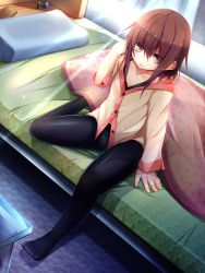 Rule 34 | 10s, 1girl, bed, bed sheet, bedroom, blouse, brown eyes, brown hair, casual, curtains, feet, fuuki (nicoseiga), fuuki (te fuukin), highres, indoors, kantai collection, no shoes, open mouth, panties, panties under pantyhose, pantyhose, pillow, shirt, short hair, sitting, smile, solo, striped clothes, striped panties, sunlight, underwear, wakaba (kancolle), window