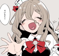 Rule 34 | 1girl, bodice, bow, closed eyes, facing viewer, grey hair, hat, heart, heart in mouth, holding, kantai collection, lowres, mini hat, monaka ooji, pola (kancolle), red bow, shirt, smile, solo, thick eyebrows, tilted headwear, upper body, wavy hair, white shirt
