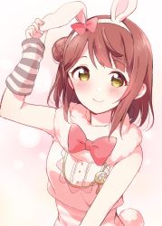 Rule 34 | 1girl, animal ears, animal print, arm warmers, artist name, artist request, bare shoulders, blush, bow, bowtie, braid, braided bun, breasts, buttons, close-up, cowboy shot, crescent moon, crescent moon symbol, cropped vest, detached sleeves, exciting animal (love live!), fake animal ears, female focus, fur trim, green eyes, hair bow, hair bun, hairband, highres, hood, hooded vest, hoodie, looking at viewer, love live!, love live! nijigasaki high school idol club, love live! school idol festival, love live! school idol festival all stars, moon, nail, nail polish, orange hair, parted lips, pink bow, pink lips, pink nails, pink shirt, rabbit ears, rabbit print, rabbit tail, red bow, red hair, shirt, short hair, side bun, single detached sleeve, single side bun, sleeveless, sleeveless hoodie, small breasts, smile, solo, striped clothes, striped shirt, suspenders, tail, uehara ayumu, upper body, vest, white hairband, white hoodie, white vest, yellow eyes