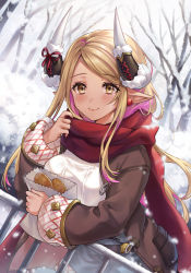 Rule 34 | 1girl, bare tree, belt, blonde hair, blue shorts, blush, breasts, brown coat, closed mouth, coat, dark-skinned female, dark skin, draph, earrings, food, granblue fantasy, highres, horns, jewelry, kumbhira (granblue fantasy), large breasts, lips, long hair, long sleeves, looking at viewer, outdoors, paper, pointy ears, red scarf, scarf, shiao, shorts, smile, snow, solo, sweater, taiyaki, tree, wagashi, white sweater, yellow eyes