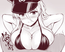 Rule 34 | 1girl, azur lane, bare shoulders, bismarck (azur lane), blush, breasts, breasts squeezed together, cleavage, closed mouth, collarbone, gradient background, greyscale, hair between eyes, hat, large breasts, long hair, looking at viewer, military hat, monochrome, paizuri, peaked cap, penis, solo focus, uncensored, uni8