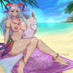 Rule 34 | 1girl, anklet, barefoot, bikini, breasts, curvy, fire emblem, fire emblem heroes, freyja (fire emblem), horns, jewelry, large breasts, long hair, looking at viewer, nintendo, nipples, red eyes, redjet, silver hair, sitting, smile, solo, swimsuit, topless