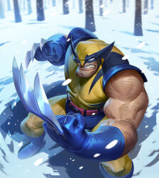 Rule 34 | 1boy, blue footwear, blue gloves, boots, claws, gloves, marvel, mask, max grecke, muscular, muscular male, outdoors, snow, snowing, teeth, wolverine (x-men), x-men