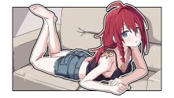 Rule 34 | 1girl, ahoge, animal, animal on shoulder, barefoot, black camisole, blue eyes, braid, burn scar, camisole, chipmunk, couch, crossed ankles, denim, denim shorts, elbow rest, feet, feet up, highres, kazuuchi ataru, legs, looking at viewer, low ponytail, lying, on couch, on shoulder, on stomach, out of frame, outside border, red hair, scar, scar on breasts, scar on chest, shinsougumi, shorts, single braid, soles, solo, spaghetti strap, squirrel, tamaya, the pose, toes, virtual youtuber