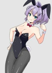 Rule 34 | 1girl, alternate costume, animal ears, armpits, azur lane, bare shoulders, black leotard, blush, bow, bowtie, breasts, cleavage, clenched hand, collarbone, commentary request, detached collar, edoara, fake animal ears, fake tail, fishnet pantyhose, fishnets, green eyes, grey background, hair between eyes, hair ornament, hair ribbon, hairband, hairclip, hand on own hip, javelin (azur lane), leotard, long hair, looking at viewer, pantyhose, playboy bunny, ponytail, purple hair, rabbit ears, rabbit tail, ribbon, sidelocks, simple background, solo, strapless, strapless leotard, tail