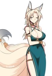 Rule 34 | 1girl, animal ears, bare shoulders, blonde hair, blue dress, bracelet, breasts, cleavage, collar, commentary request, covered navel, dress, closed eyes, fox ears, fox tail, jewelry, konshin, large breasts, legband, multiple tails, original, side slit, simple background, sleeveless, sleeveless dress, smile, solo, tail, thigh strap, white background