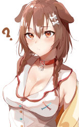 Rule 34 | 1girl, ?, absurdres, animal ears, blush, bone hair ornament, braid, breasts, brown hair, choker, cleavage, closed mouth, commentary, dog ears, dog girl, dogxfish, dress, hair between eyes, hair ornament, highres, hololive, inugami korone, inugami korone (1st costume), jacket, looking at viewer, medium breasts, medium hair, no bra, off shoulder, open clothes, open jacket, red choker, red eyes, side braids, simple background, sleeveless, sleeveless dress, solo, twin braids, upper body, virtual youtuber, white background, white dress, yellow jacket