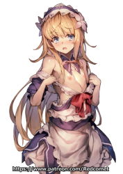 Rule 34 | androgynous, apron, bare shoulders, blonde hair, blue eyes, blush, bow, chevalier d&#039;eon (fate), commentary request, cowboy shot, detached collar, dress, fate/apocrypha, fate (series), flower, frilled dress, frills, gender request, hair flower, hair ornament, hairband, long hair, looking at viewer, nipples, off shoulder, official alternate costume, open mouth, pink ribbon, red bow, redcomet, ribbon, simple background, solo, standing, undressing, very long hair, watermark, web address, white background