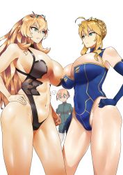 Rule 34 | 3girls, absurdres, ahoge, artoria pendragon (fate), artoria pendragon (lancer) (fate), barghest (fate), blonde hair, blue eyes, blue gloves, blue leotard, braid, breasts, character request, cleavage, closed mouth, crown, crown braid, elbow gloves, fate/grand order, fate (series), gareth (fate), gloves, green eyes, hair between eyes, hand on own hip, heattech leotard, highres, large breasts, leotard, long hair, looking at another, monkey jon, multiple girls, navel, revealing clothes, sidelocks, standing, thighs, turtleneck