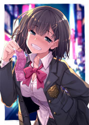 Rule 34 | 1girl, arm behind back, black skirt, blush, bow, breasts, brown hair, cleavage, condom, condom packet strip, condom wrapper, grin, hair ornament, hairclip, holding, holding condom, large breasts, leaning forward, long sleeves, looking at viewer, original, outdoors, red bow, school uniform, short hair, skirt, smile, solo, standing, tsurugi hagane