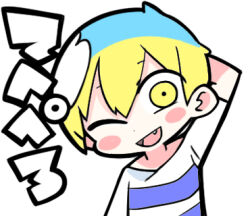 Rule 34 | 1boy, arm behind head, blonde hair, blush stickers, character request, commentary request, copyright request, fang, looking at viewer, lowres, male focus, one eye closed, open mouth, shirt, short hair, short sleeves, simple background, smile, solo, striped clothes, striped shirt, terada tera, translation request, upper body, white background, white shirt, white sleeves, yellow eyes