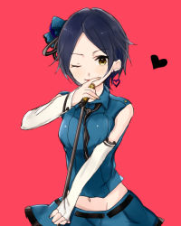 Rule 34 | 10s, 1girl, bare shoulders, black hair, bow, breasts, detached sleeves, earrings, fingerless gloves, fingernails, gloves, hair bow, hair ornament, hair ribbon, hayami kanade, heart, heart earrings, idolmaster, idolmaster cinderella girls, jewelry, looking at viewer, microphone, microphone stand, midriff, navel, necktie, one eye closed, parted bangs, ribbon, shirt, short hair, simple background, skirt, sleeveless, sleeveless shirt, smile, solo, wink, yellow eyes, yoshimura aoba