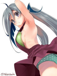 Rule 34 | 1girl, ahoge, armpits, arms behind head, arms up, balloon, blush, breast padding, breasts, dress, green panties, grey eyes, grey legwear, hair between eyes, halterneck, highres, kantai collection, kiyoshimo (kancolle), long hair, looking at viewer, low twintails, open mouth, panties, polka dot, polka dot panties, simple background, small breasts, solo, takase muh, twintails, twitter username, underwear, very long hair, white background