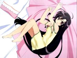 Rule 34 | 00s, 1girl, ahoge, alastor (shakugan no shana), bare legs, barefoot, bed sheet, black hair, brown eyes, chemise, jewelry, long hair, looking at viewer, lying, on side, ootsuka mai, pendant, pillow, rotated, shakugan no shana, shana, sheet grab, solo, strap slip, very long hair