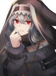 Rule 34 | 1girl, absurdres, arknights, black capelet, black coat, black dress, black headwear, blush, capelet, coat, dress, fingers together, habit, hair between eyes, hand on own chin, highres, jewelry, kiyakyuu, long hair, looking at viewer, nun, parted lips, red eyes, silver hair, simple background, smile, solo, specter (arknights), upper body, white background