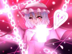 Rule 34 | 1girl, aliasing, bad id, bad pixiv id, fang, hat, light purple hair, looking at viewer, miserable fate, mob cap, open hand, purple hair, red eyes, remilia scarlet, solo, spade (shape), spell card, touhou, wrist cuffs, yuu (yuem)