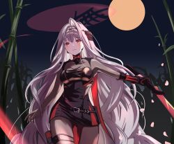 Rule 34 | 1girl, armored bodysuit, bamboo, bamboo forest, black bodysuit, bodysuit, breasts, closed mouth, forest, gluteal fold, goddess of victory: nikke, grey bodysuit, grey hair, halo, highres, holding, holding sword, holding weapon, long hair, looking at viewer, lunati nikke, medium breasts, moon, nature, night, petals, red eyes, rose (nikke), see-through, smile, solo, sword, very long hair, weapon