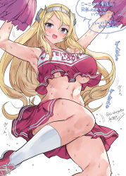 Rule 34 | 1girl, alternate costume, armpits, arms up, blonde hair, blush, breasts, cheerleader, commentary request, crop top, grey eyes, hair between eyes, headgear, highres, holding, holding pom poms, jumping, kantai collection, kneehighs, large breasts, long hair, looking at viewer, miniskirt, mizuta kenji, navel, nelson (kancolle), one-hour drawing challenge, open mouth, pom pom (cheerleading), pom poms, red shirt, red skirt, shirt, skirt, sleeveless, sleeveless shirt, socks, solo, speech bubble, sweat, translation request, twitter username, underboob, white background, white socks