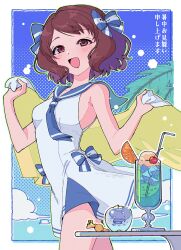 Rule 34 | 1girl, blue dress, blush, bow, breasts, brown hair, cocktail glass, cup, dress, drinking glass, hair bow, highres, holding, holding towel, idolmaster, idolmaster cinderella girls, lvetica, medium breasts, nagatomi hasumi, sailor dress, sleeveless, sleeveless dress, smile, solo, towel, translation request