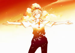 Rule 34 | 1boy, bare arms, beckoning, bird, cemony, closed mouth, cloud, contrail, double exposure, gradient sky, hair over one eye, highres, light particles, looking at viewer, male focus, monochrome, nagisa kaworu, neon genesis evangelion, one eye covered, orange sky, orange theme, outstretched arms, pants, polo shirt, school uniform, short hair, short sleeves, sky, smile, solo, spread arms, standing, twilight, undershirt, upper body