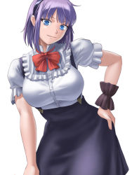 Rule 34 | 10s, 1girl, @ @, black hairband, black skirt, blue eyes, bow, bowtie, breasts, closed mouth, contrapposto, dagashi kashi, female focus, frilled shirt, frills, hairband, hand on own hip, hand on own leg, high-waist skirt, ho den keiji, large breasts, long skirt, looking at viewer, puffy short sleeves, puffy sleeves, purple hair, red bow, red bowtie, ribbon, ringed eyes, shidare hotaru, shirt, short hair, short sleeves, simple background, skirt, smile, solo, standing, suspender skirt, suspenders, white background