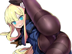 Rule 34 | 1girl, aqua eyes, ass, beret, black hat, blonde hair, blue dress, blue jacket, blue scarf, blush, breasts, brown gloves, brown pantyhose, cropped jacket, crotch, dress, fate/grand order, fate (series), fur collar, gloves, grey rose, hat, jacket, leg lift, leg up, long hair, long sleeves, looking at viewer, lord el-melloi ii case files, lying, on side, open mouth, panties, panties under pantyhose, pantyhose, reines el-melloi archisorte, scarf, shimejinameko, sidelocks, small breasts, smile, solo, spread legs, thighband pantyhose, thighs, tilted headwear, underwear, white background