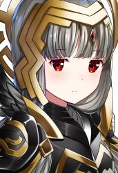 Rule 34 | 1girl, armor, bad id, bad twitter id, black armor, closed mouth, crown, feather trim, fire emblem, fire emblem heroes, gold trim, grey hair, highres, long hair, nintendo, red eyes, ringozaka mariko, shoulder armor, simple background, solo, veronica (fire emblem), white background
