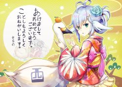 Rule 34 | 1girl, ahoge, aqua rose, bird, chinese zodiac, flower, folded ponytail, food, from side, fruit, goose, hair between eyes, hair flower, hair ornament, hands up, happy new year, japanese clothes, kimono, looking at viewer, looking back, mandarin orange, nengajou, new year, obi, on head, original, red kimono, sash, silver hair, skirt, solo, sorano (12gou), triangle mouth, year of the rooster, yellow skirt