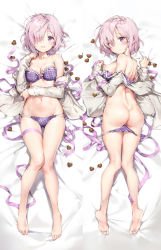Rule 34 | 1girl, alternate costume, anmi, ass, bare legs, bare shoulders, barefoot, bed sheet, blush, bow, bow bra, bra, breasts, candy, chocolate, chocolate heart, dakimakura (medium), detexted, eyes visible through hair, fate/grand order, fate (series), feet, food, frilled bra, frills, from above, full body, hair over one eye, heart, highres, light purple hair, looking at viewer, looking back, lying, mash kyrielight, multiple views, navel, off shoulder, on back, on stomach, open clothes, open mouth, panties, panty pull, plaid, plaid panties, purple bra, purple eyes, purple panties, ribbon, short hair, smile, soles, third-party edit, toes, underwear