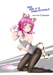 Rule 34 | &gt; &lt;, 1girl, absurdres, animal ears, artist name, artist request, bare shoulders, black pantyhose, blunt bangs, blush, bow, bowtie, breasts, brown eyes, cat ears, cat tail, cleavage, clenched hands, collarbone, drawing, female focus, flat chest, full body, grey bow, grey footwear, grey leotard, grey ribbon, high heels, highres, leotard, looking at viewer, love live!, love live! nijigasaki high school idol club, nanoha99001, neck ribbon, notebook, pantyhose, paper, parted lips, paw pose, pink hair, playboy bunny, ribbon, short hair, sitting, sketchbook, small breasts, smile, solo, tail, tennoji rina, white background, white wrist cuffs, wing collar, wrist cuffs, yellow eyes
