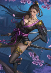 Rule 34 | 1girl, architecture, black hair, branch, breasts, brown eyes, cherry blossoms, cleavage, commentary, commission, east asian architecture, english commentary, epaulettes, expressionless, facial mark, highres, holding, holding sheath, holding sword, holding weapon, jewelry, katana, looking at viewer, medium breasts, necklace, nibelart, night, original, petals, ponytail, red lips, red nails, sandals, sheath, solo, standing, standing on branch, standing on one leg, sword, thighhighs, toes, unsheathed, weapon