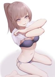 Rule 34 | 1girl, bad id, bad twitter id, bare legs, barefoot, bikini, black bow, blunt bangs, blush, bow, bow bikini, breasts, brown eyes, brown hair, cleavage, clothes lift, commentary request, crossed arms, eyelashes, from above, halterneck, hands up, highres, kuen (kuennn12), lifted by self, looking at viewer, looking up, medium breasts, midriff, navel, original, ponytail, purple bikini, shirt, shirt lift, short sleeves, side-tie bikini bottom, sidelocks, signature, simple background, sitting, skindentation, smile, solo, spaghetti strap, stomach, swimsuit, tongue, tongue out, tsurime, wariza, white background, white shirt