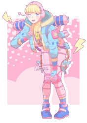 Rule 34 | 1girl, aber, absurdres, animification, apex legends, artist name, blue gloves, blue jacket, bodysuit, bow, eyebrows hidden by hair, gloves, green bow, heart, highres, hood, hooded jacket, jacket, kawaii voltage wattson, knee pads, lightning bolt symbol, official alternate costume, one eye closed, pink bodysuit, pink headwear, pointing, pointing up, purple bow, red bow, ribbed bodysuit, smile, solo, star (symbol), sticker, wattson (apex legends), yellow bodysuit