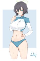 Rule 34 | 1girl, absurdres, aqua eyes, blue archive, blush, breasts, cropped jacket, grey hair, halo, highres, large breasts, looking at viewer, navel, saki (blue archive), saki (swimsuit) (blue archive), short hair, sidelocks, solo, thighs, unique (pixiv12704744), wet