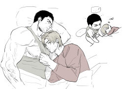 Rule 34 | 123456dyom, 2boys, absurdres, bara, bed, chris redfield, closed eyes, closed mouth, clothes pull, facial hair, highres, large pectorals, leon s. kennedy, lying, male focus, multiple boys, muscular, muscular male, nipples, on bed, on side, partially colored, pectorals, pillow, resident evil, resident evil 6, shirt, short hair, sleeping, tank top, yaoi