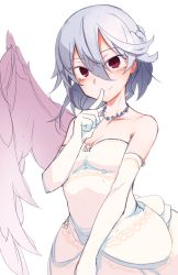 Rule 34 | 1girl, alternate costume, bare shoulders, braid, breasts, cleavage, collarbone, commentary request, cowboy shot, dress, elbow gloves, feathered wings, french braid, furorina, gloves, hair between eyes, hand up, highres, index finger raised, jewelry, kishin sagume, looking at viewer, necklace, red eyes, short hair, silver hair, simple background, single wing, small breasts, smile, solo, standing, strapless, strapless dress, touhou, white background, white dress, white gloves, white wings, wings